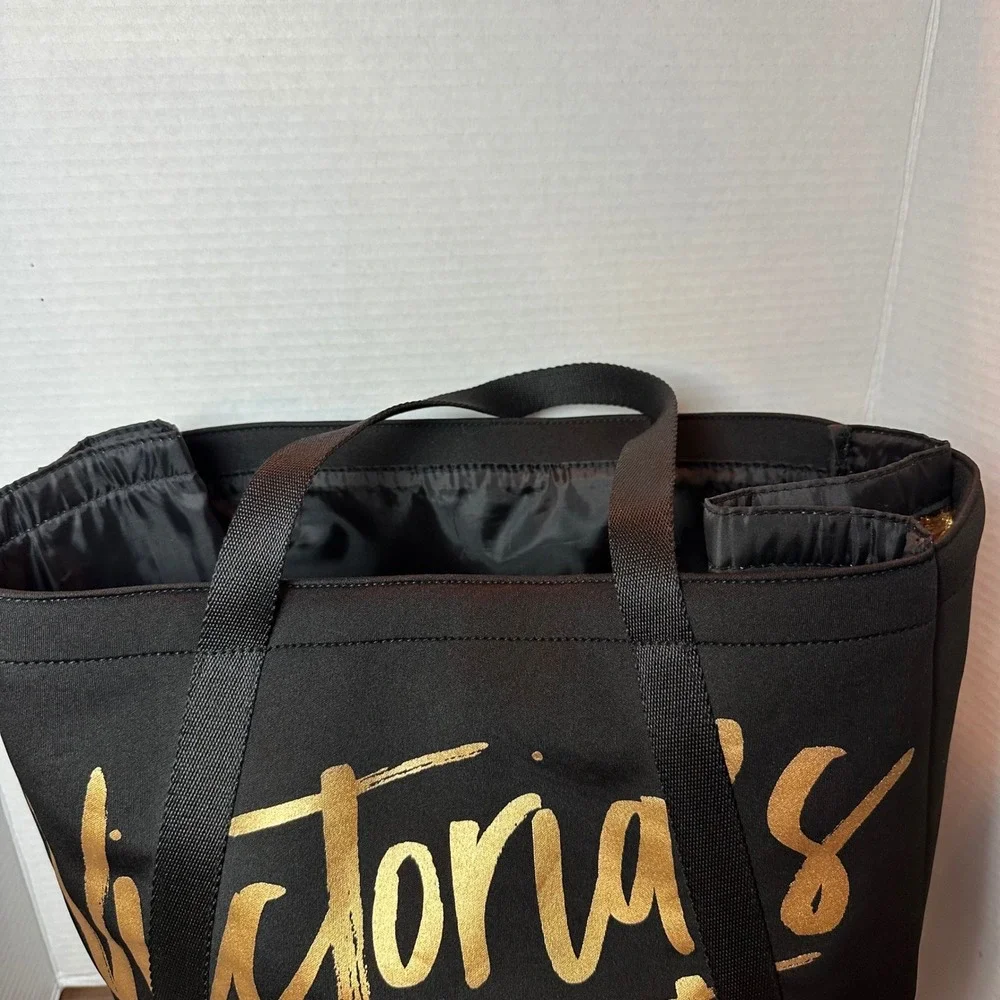 Victorias Secret Tote Cooler Bag Black Gold Metallic‎ Script Logo Travel